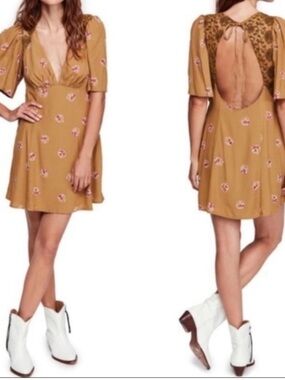 Free People Mustard Floral Open-Back Mini Dress
